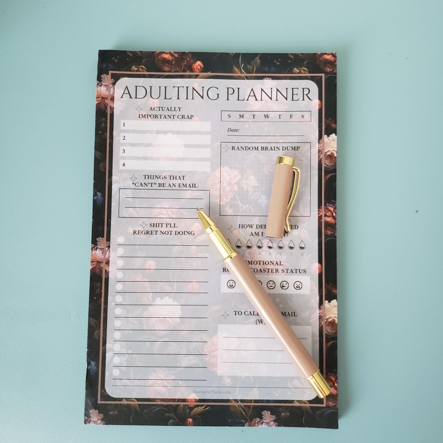 Adulting Planner Notepad - Floral Notepad - Dark Florals Aesthetic Stationery
