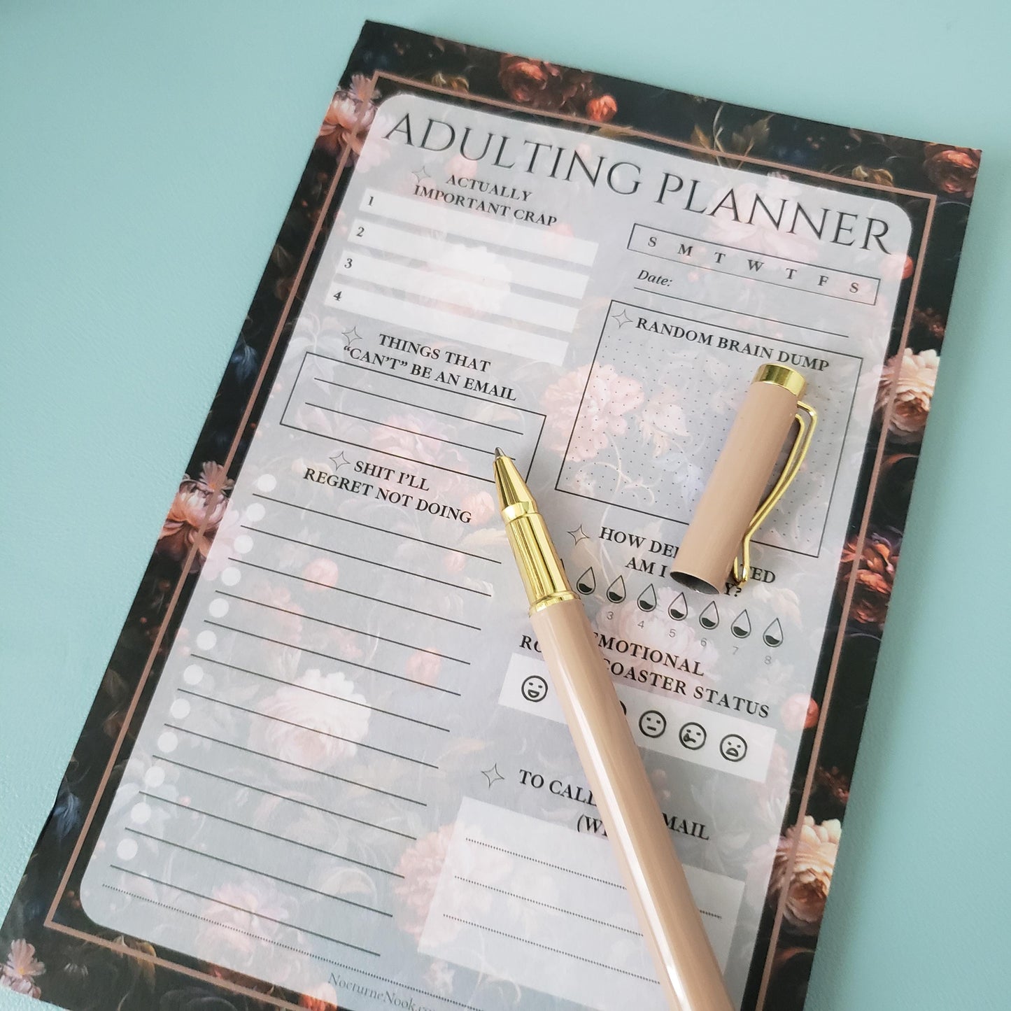 Adulting Planner Notepad - Floral Notepad - Dark Florals Aesthetic Stationery