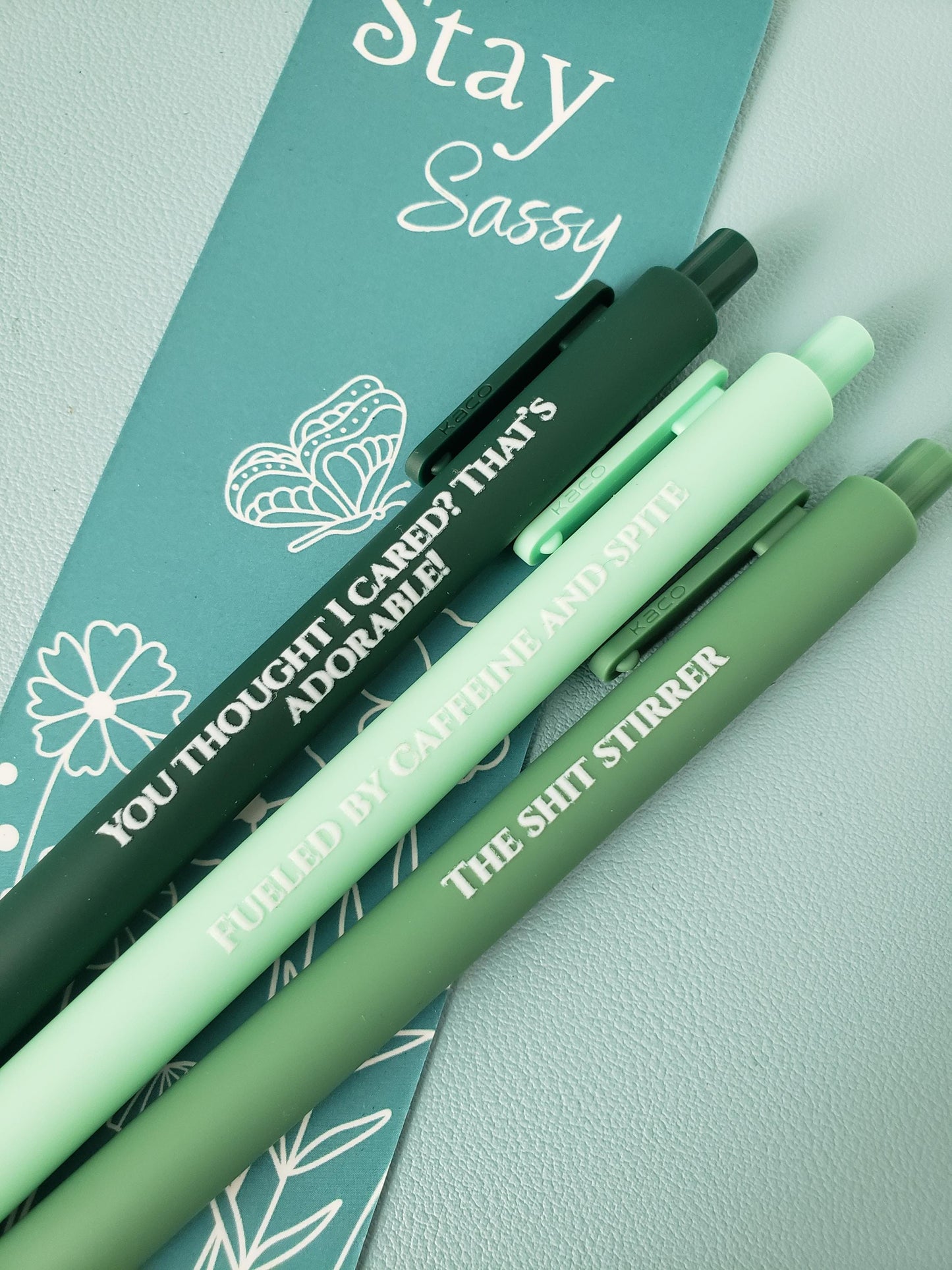 Sassy Pen Set | Funny & Snarky Pens for Adults | "Fueled by Caffeine and Spite", "You Thought I Cared?", "The Shit Stirrer"