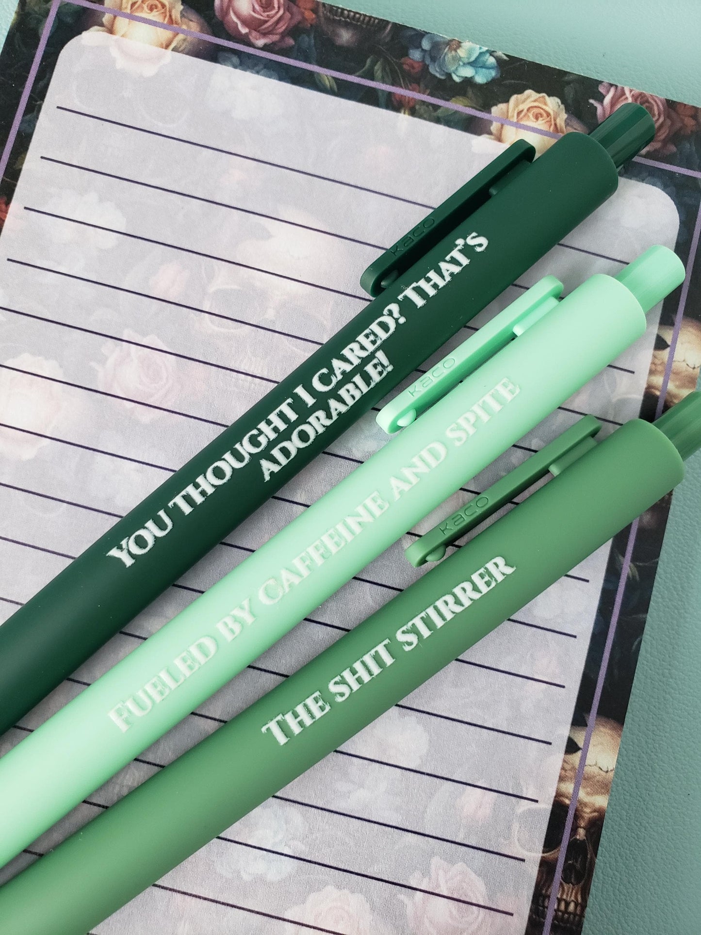 Sassy Pen Set | Funny & Snarky Pens for Adults | "Fueled by Caffeine and Spite", "You Thought I Cared?", "The Shit Stirrer"