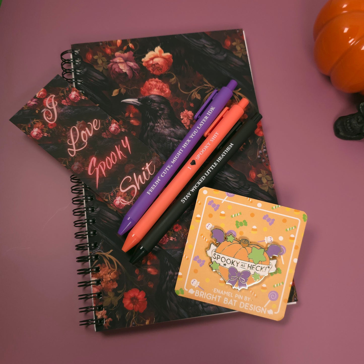 Halloween Gift Set For Her Spooky Notebook, Snarky Pen Set & Enamel Pin | Halloween Stationery Gift for Spooky Besties