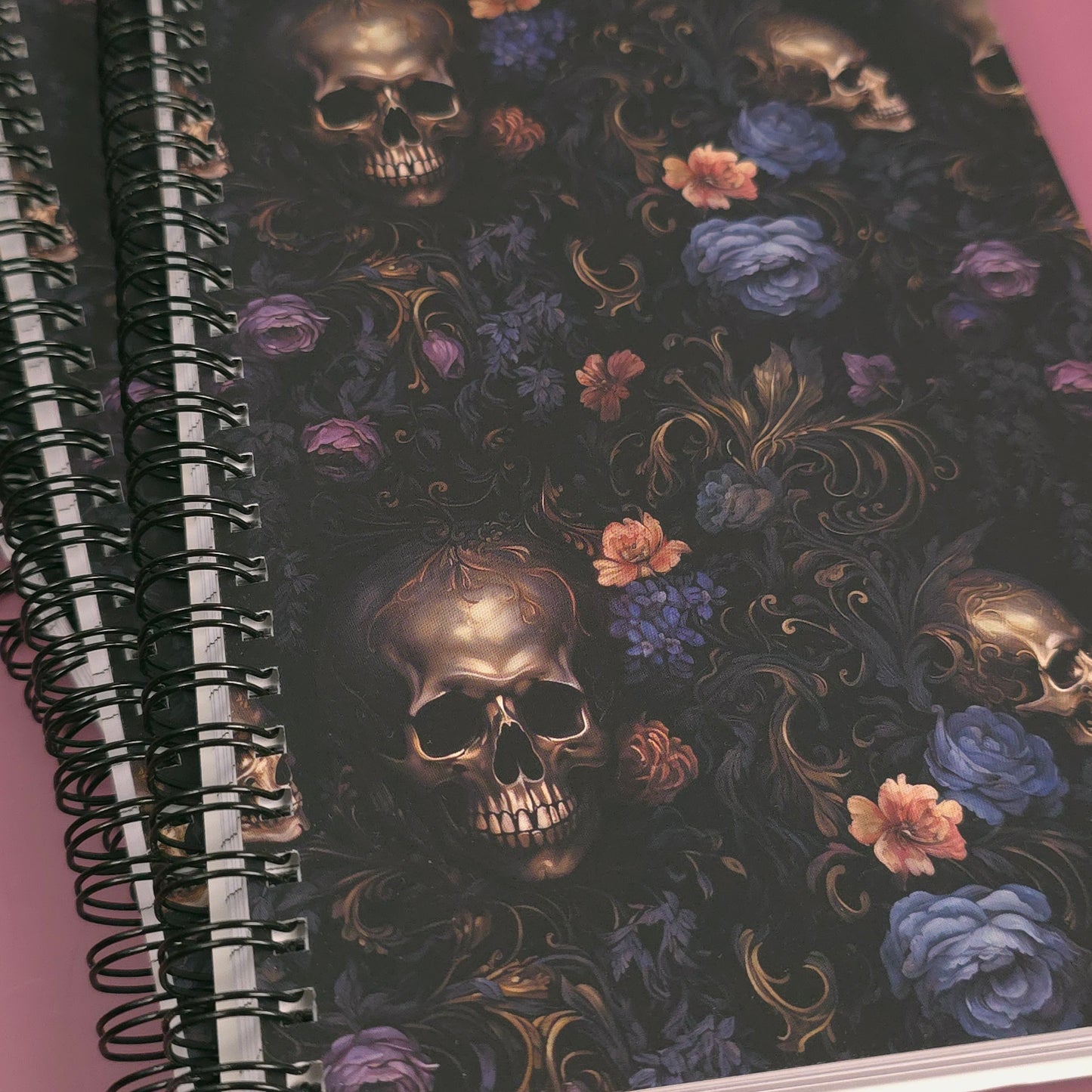Baroque Floral Skull Lined Soft Cover Notebook – 5.5" x 8.5" | 80 Sheets | Metal O-Ring Bound