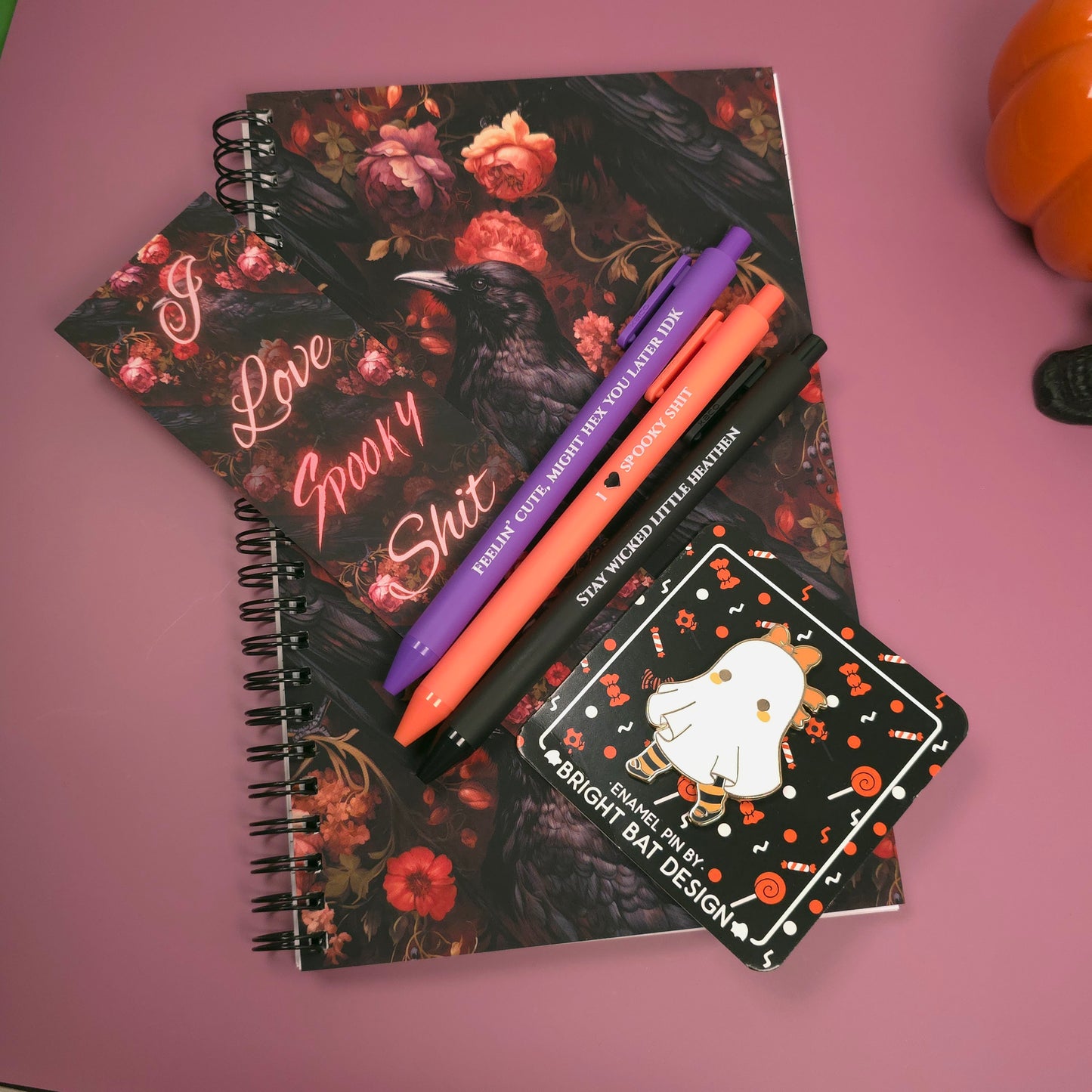 Halloween Gift Set For Her Spooky Notebook, Snarky Pen Set & Enamel Pin | Halloween Stationery Gift for Spooky Besties