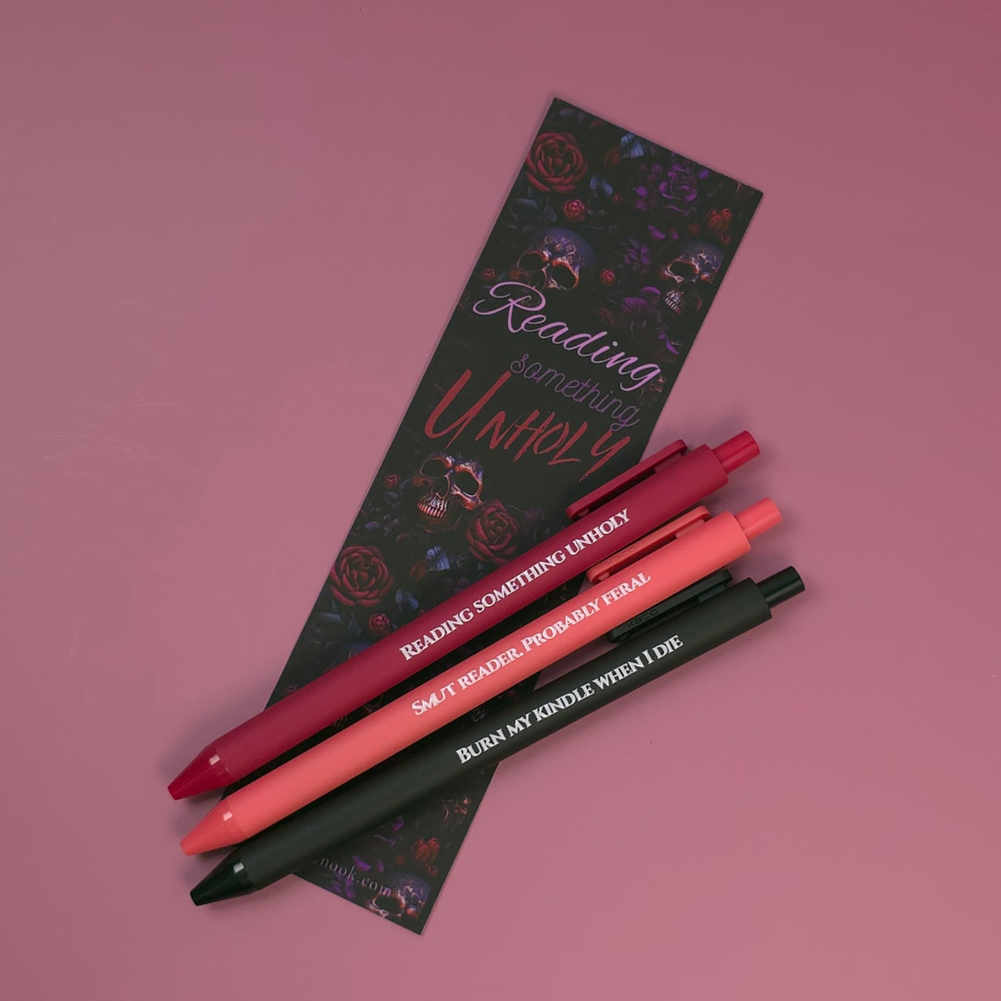 Reading Something Unholy Pen Set – Smut Reader Gift with Bookmark Insert | Optional Matching Notebook