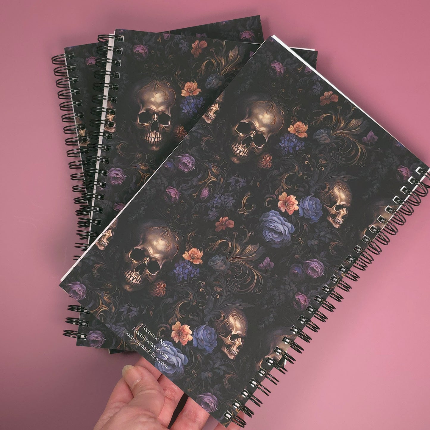 Baroque Floral Skull Lined Soft Cover Notebook – 5.5" x 8.5" | 80 Sheets | Metal O-Ring Bound