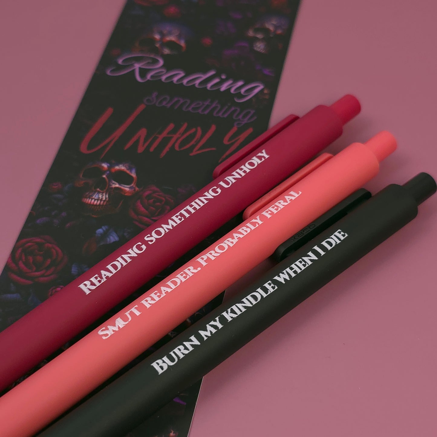 Reading Something Unholy Pen Set – Smut Reader Gift with Bookmark Insert | Optional Matching Notebook