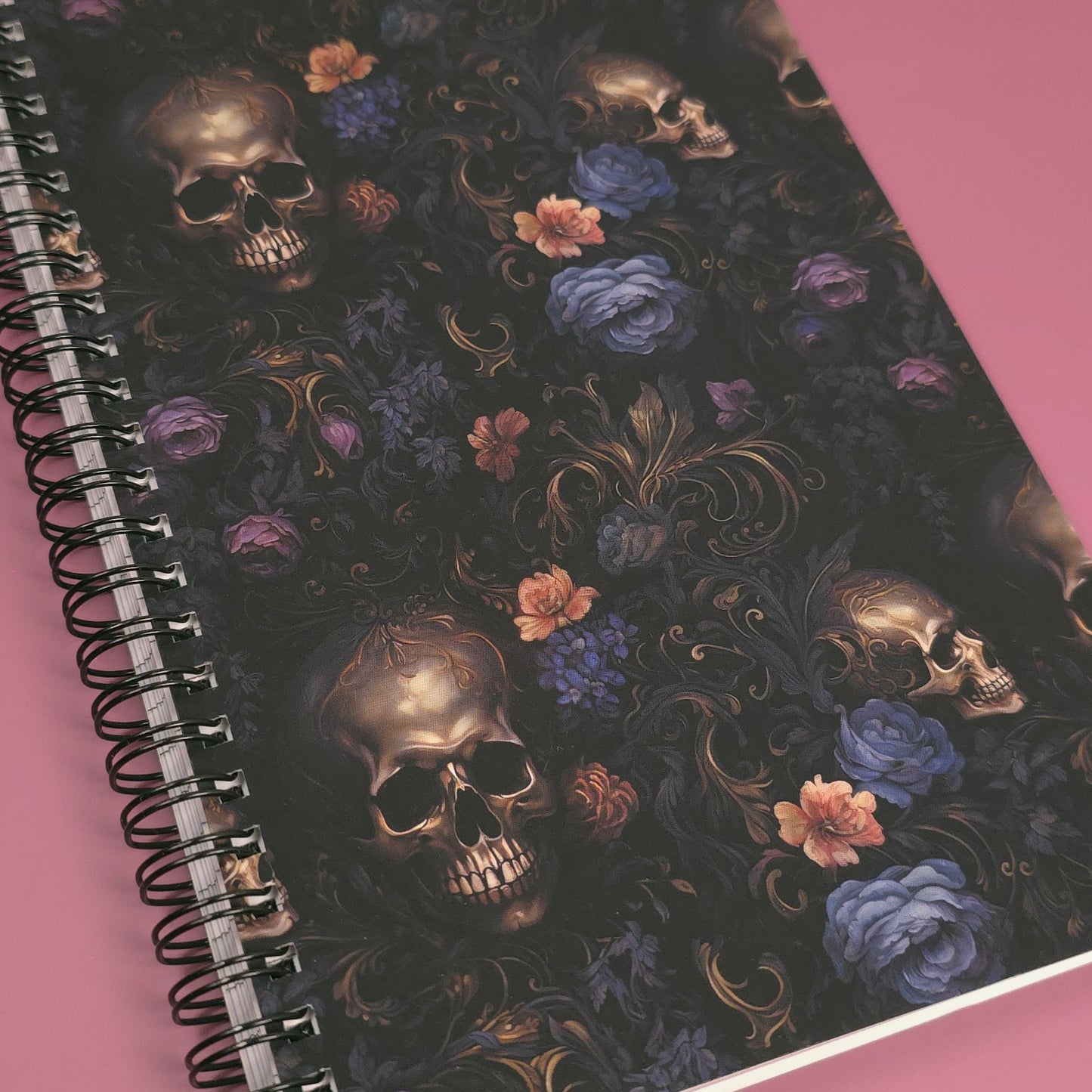 Baroque Floral Skull Lined Soft Cover Notebook – 5.5" x 8.5" | 80 Sheets | Metal O-Ring Bound
