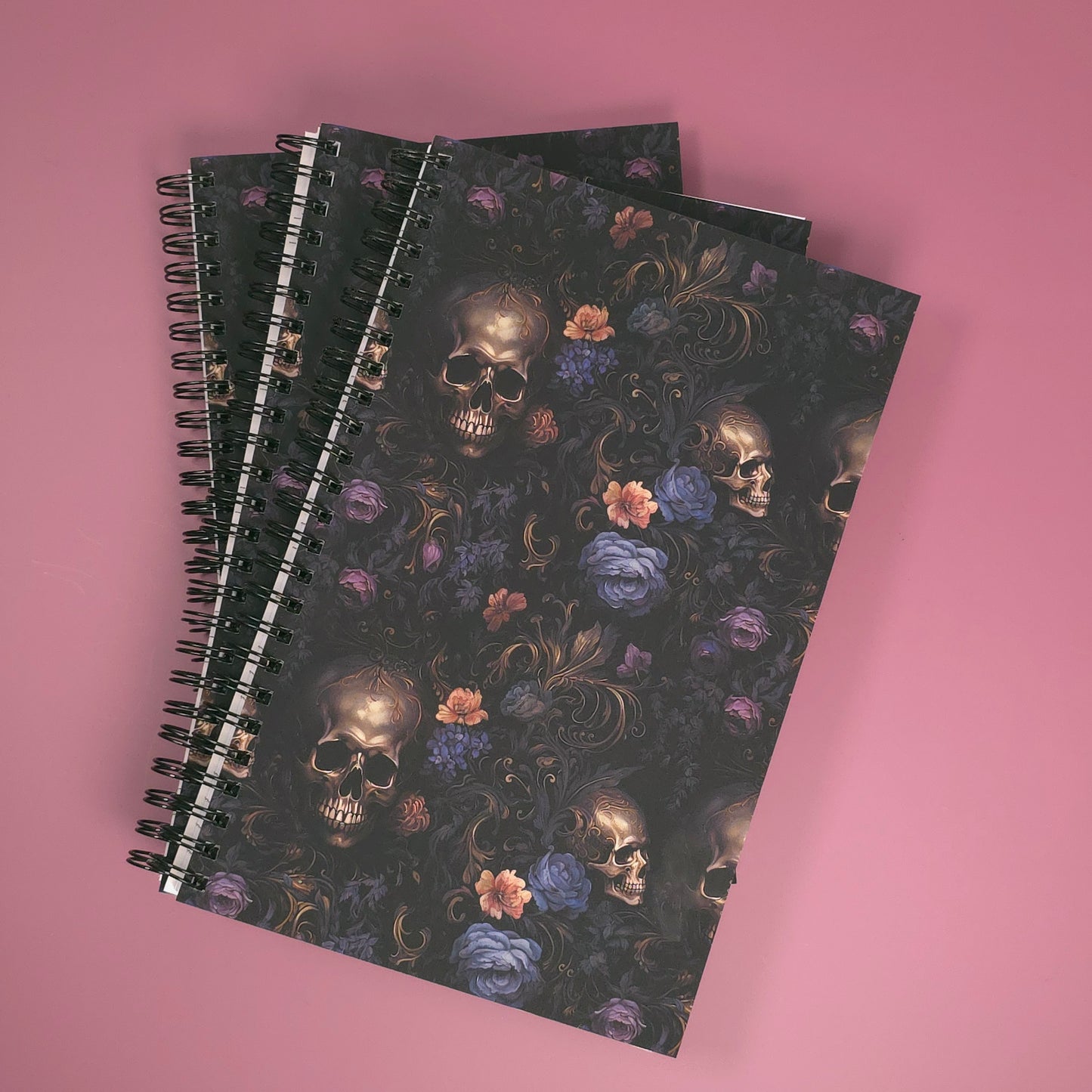 Baroque Floral Skull Lined Soft Cover Notebook – 5.5" x 8.5" | 80 Sheets | Metal O-Ring Bound