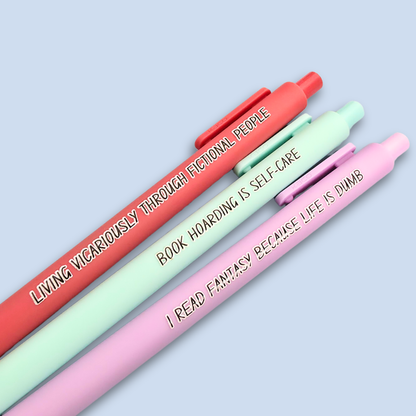Fantasy Book Lover Pen Set | Funny Pens for Readers | “Book Hoarding is Self-Care” | Reader Gift, Bookish Stationery