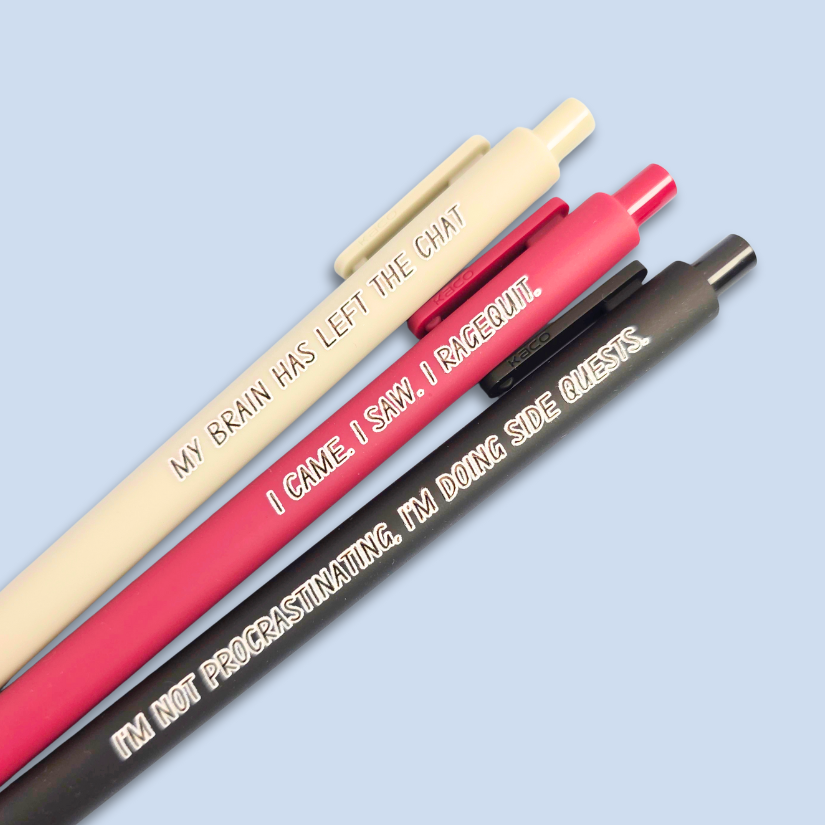 Three pens with humorous text on a light blue background