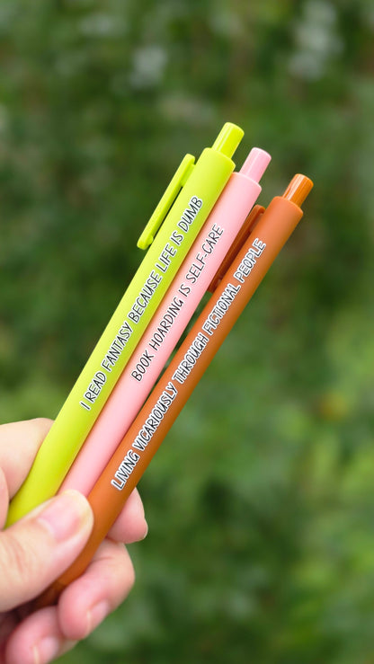 Fantasy Book Lover Pen Set | Funny Pens for Readers | “Book Hoarding is Self-Care” | Reader Gift, Bookish Stationery