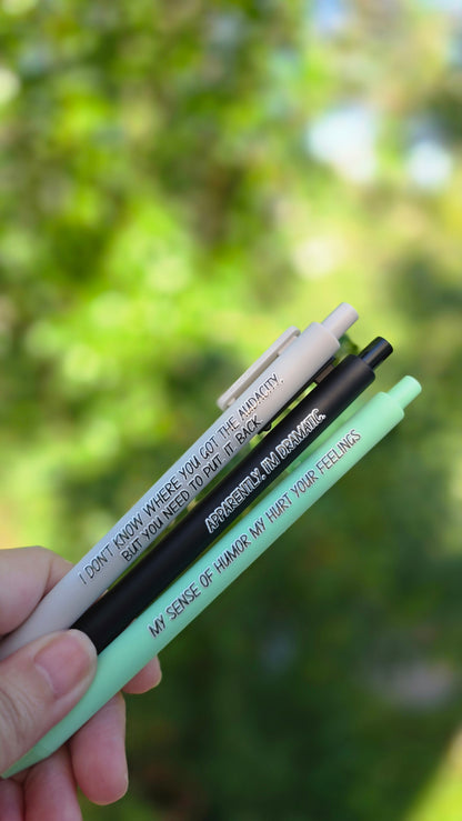 Snarky Adult Humor Pen Set | 3 Sarcastic Pens with Color Ink - Gift For Bestie Apparently I'm Dramatic