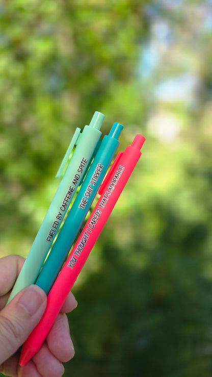 Sassy Pen Set | Funny & Snarky Pens for Adults | "Fueled by Caffeine and Spite", "You Thought I Cared?", "The Shit Stirrer"