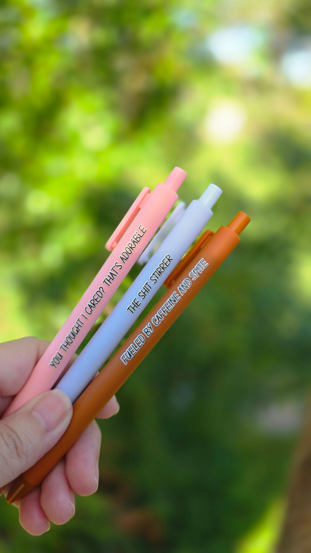 Sassy Pen Set | Funny & Snarky Pens for Adults | "Fueled by Caffeine and Spite", "You Thought I Cared?", "The Shit Stirrer"