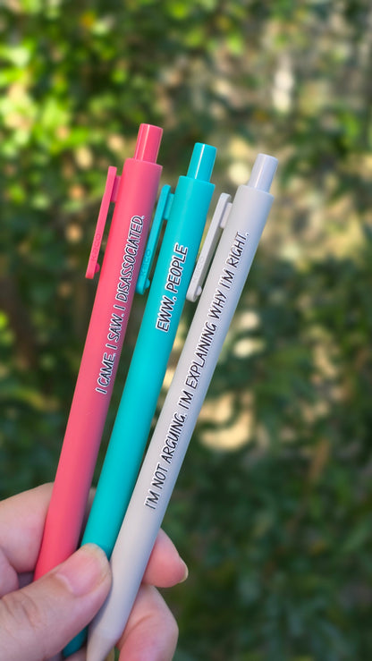 Snarky Pen Set | 3 Sarcastic Pens with Color Ink - Gift For Bestie Eww People