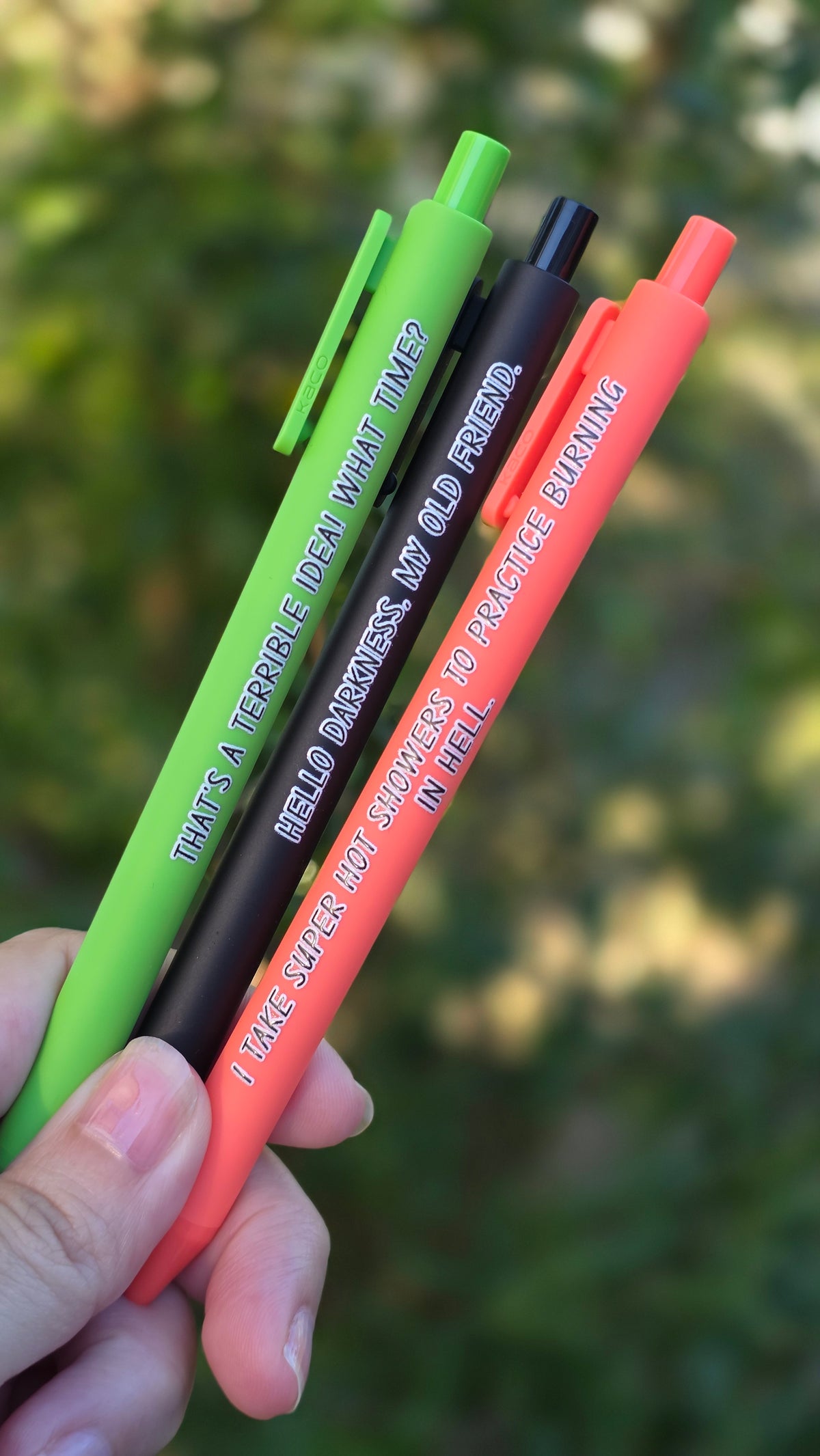Snarky Pen Set | Funny Gel Pens for Adults | “Terrible Idea”, “Hello Darkness” | Sarcastic Office Supplies, Gift for Coworker