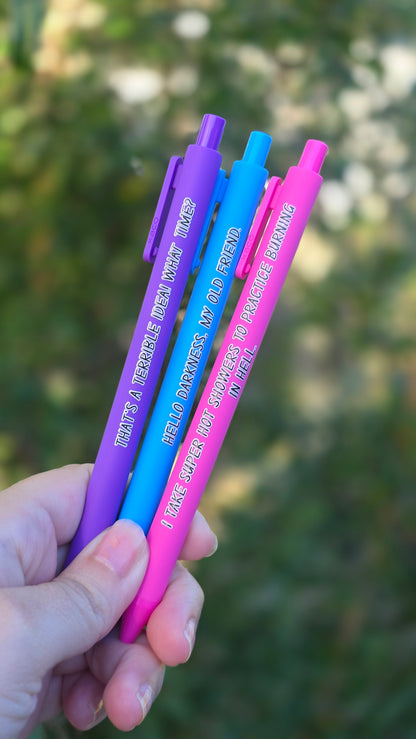 Snarky Pen Set | Funny Gel Pens for Adults | “Terrible Idea”, “Hello Darkness” | Sarcastic Office Supplies, Gift for Coworker