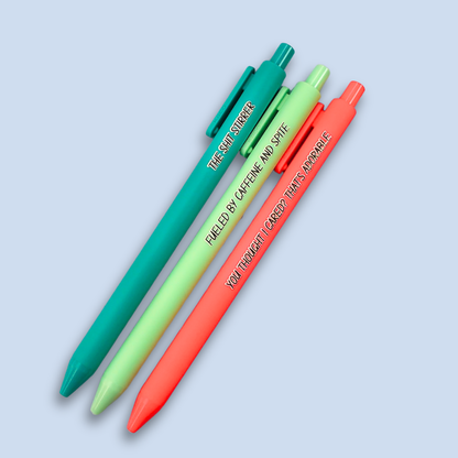 Sassy Pen Set | Funny & Snarky Pens for Adults | "Fueled by Caffeine and Spite", "You Thought I Cared?", "The Shit Stirrer"