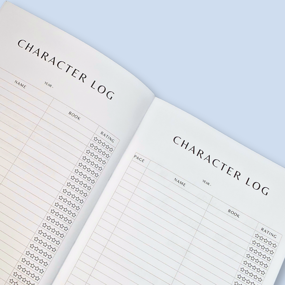 An open character log notebook showing printed tables for name, year, book, and rating on white pages, photographed on a pale blue background.