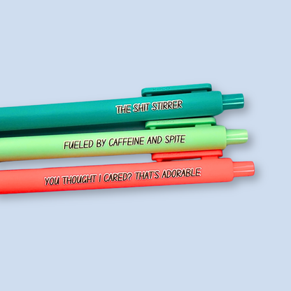Sassy Pen Set | Funny & Snarky Pens for Adults | "Fueled by Caffeine and Spite", "You Thought I Cared?", "The Shit Stirrer"