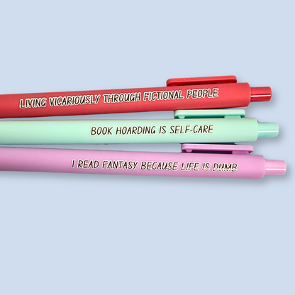 Fantasy Book Lover Pen Set | Funny Pens for Readers | “Book Hoarding is Self-Care” | Reader Gift, Bookish Stationery