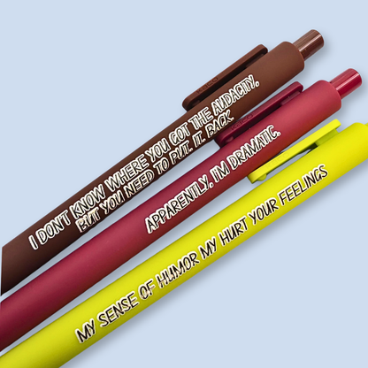 Snarky Adult Humor Pen Set | 3 Sarcastic Pens with Color Ink - Gift For Bestie Apparently I'm Dramatic