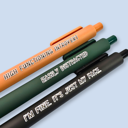 Pen Set for Introvert Adults | Snarky Sayings on Color Ink Pens | Gift for Besties Easily Distracted