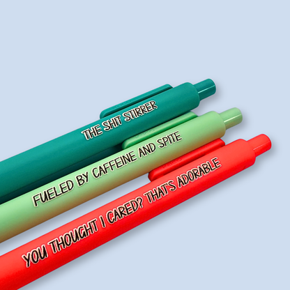 Sassy Pen Set | Funny & Snarky Pens for Adults | "Fueled by Caffeine and Spite", "You Thought I Cared?", "The Shit Stirrer"