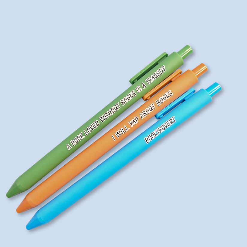 Three colorful pens with text on a light blue background