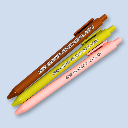 Fantasy Book Lover Pen Set | Funny Pens for Readers | “Book Hoarding is Self-Care” | Reader Gift, Bookish Stationery