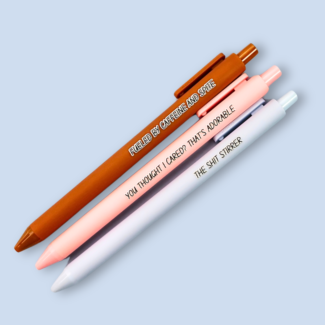 Sassy Pen Set | Funny & Snarky Pens for Adults | "Fueled by Caffeine and Spite", "You Thought I Cared?", "The Shit Stirrer"