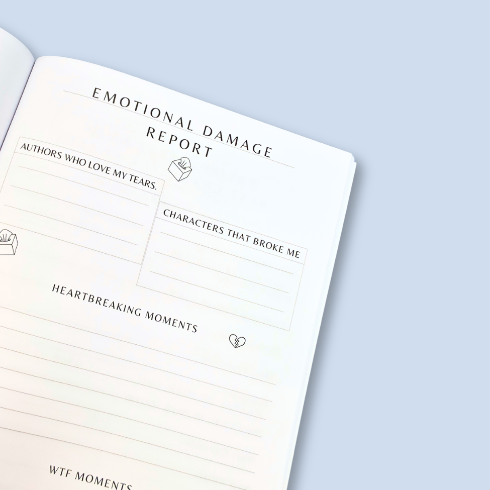 An open notebook page titled 'Emotional Damage Report' with lined writing sections and small line drawings, photographed on a pale blue background.