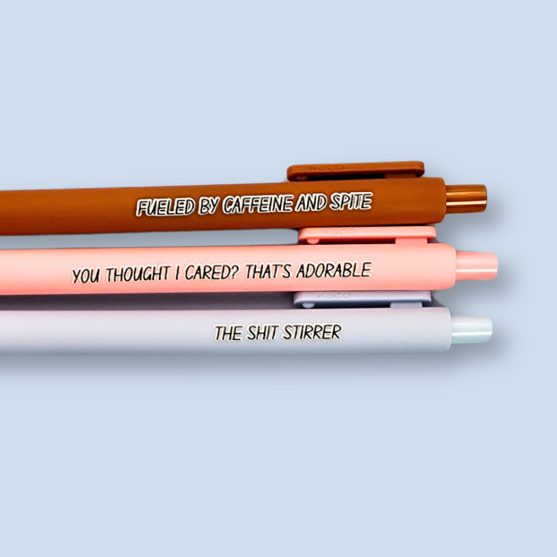 Sassy Pen Set | Funny & Snarky Pens for Adults | "Fueled by Caffeine and Spite", "You Thought I Cared?", "The Shit Stirrer"