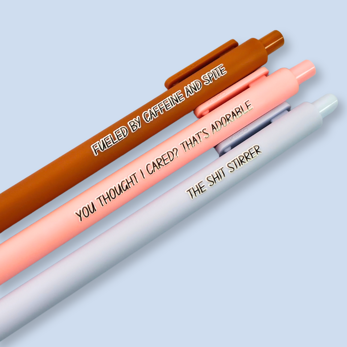 Sassy Pen Set | Funny & Snarky Pens for Adults | "Fueled by Caffeine and Spite", "You Thought I Cared?", "The Shit Stirrer"