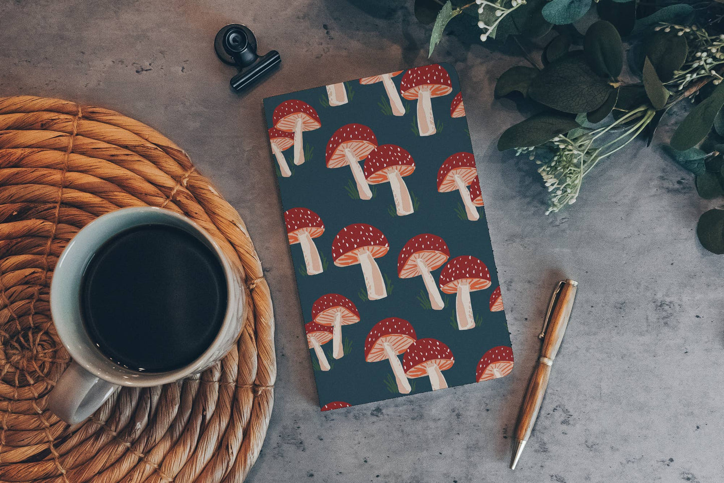 Navy Mushrooms Layflat Journal Notebook: Lined / Classic