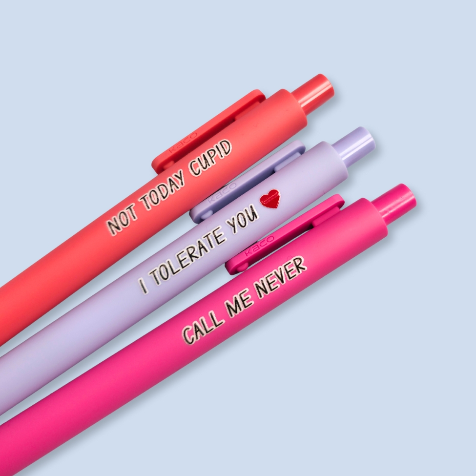 Three pens with text on a light blue background