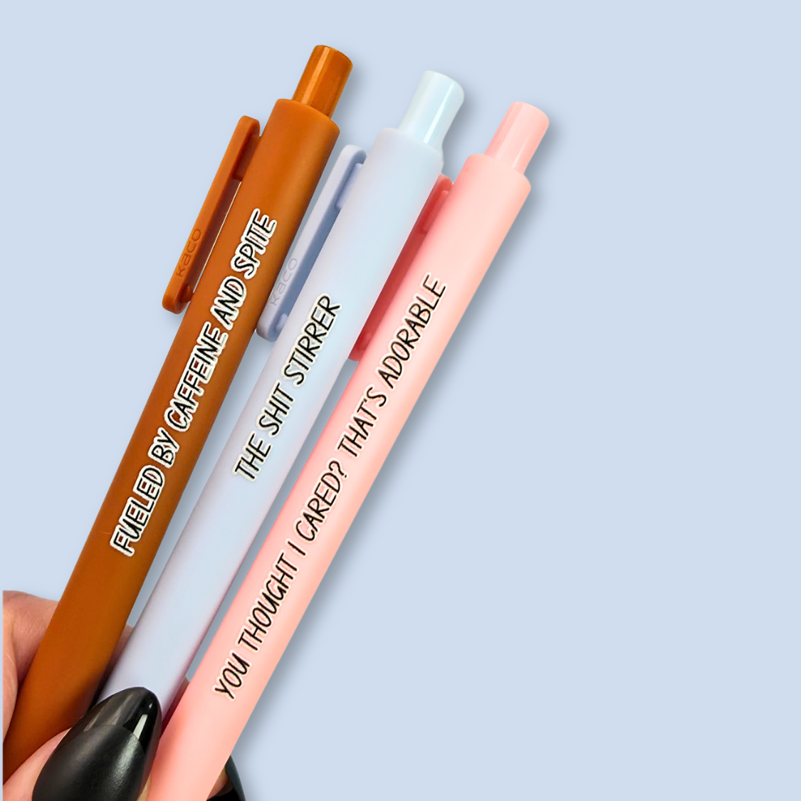 Sassy Pen Set | Funny & Snarky Pens for Adults | "Fueled by Caffeine and Spite", "You Thought I Cared?", "The Shit Stirrer"