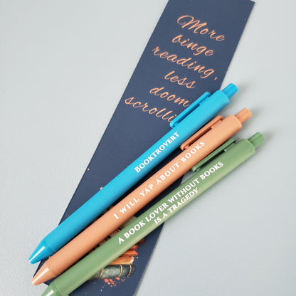 Book Lover Pens with Sayings | Color Ink Pens + Reusable Bookmark - Gift For Bestie - Booktok Booktrovert