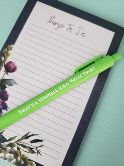 Snarky Pen Set | Funny Gel Pens for Adults | “Terrible Idea”, “Hello Darkness” | Sarcastic Office Supplies, Gift for Coworker