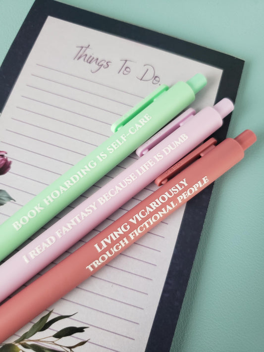 Fantasy Book Lover Pen Set | Funny Pens for Readers | “Book Hoarding is Self-Care” | Reader Gift, Bookish Stationery