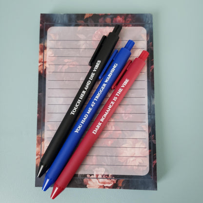 Dark Romance Pen Set | Bookish Gift for Dark Romance Readers | Spicy Book Pens | Colored Ink Pen Trio | Booktok Stationery