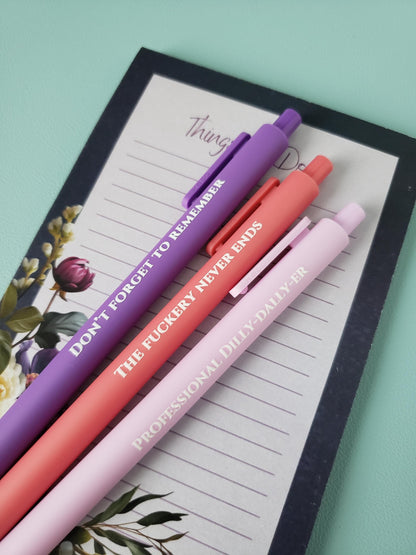 Snarky Pen Set – “Don’t Forget to Remember,” “Professional Dilly-Dally-er,” – Funny Office Pens, Gift for Coworker, Sarcastic Stationery