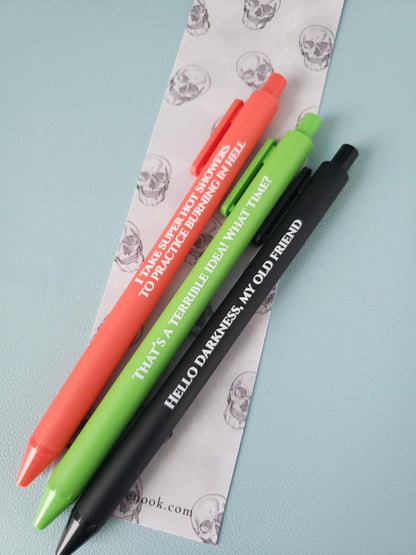Snarky Pen Set | Funny Gel Pens for Adults | “Terrible Idea”, “Hello Darkness” | Sarcastic Office Supplies, Gift for Coworker