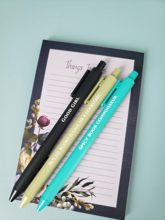 Spicy Romance Pen Set | “Good Girl”, “Spicy Book Connoisseur” | Funny Book Lover Gift, Smut Reader Stationery