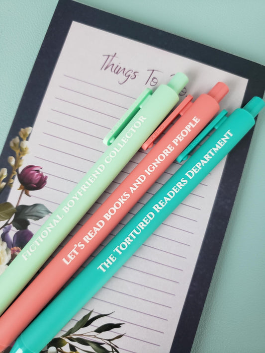 Funny Bookish Pen Set | “Tortured Readers Dept.”, “Fictional Boyfriend Collector” | Gifts for Readers, Book Lover Stationery