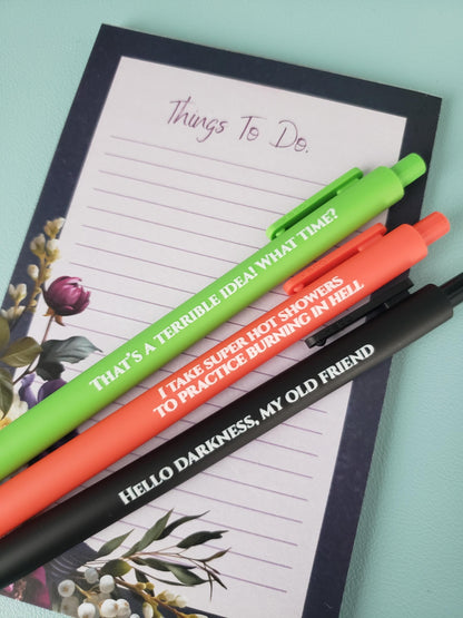 Snarky Pen Set | Funny Gel Pens for Adults | “Terrible Idea”, “Hello Darkness” | Sarcastic Office Supplies, Gift for Coworker