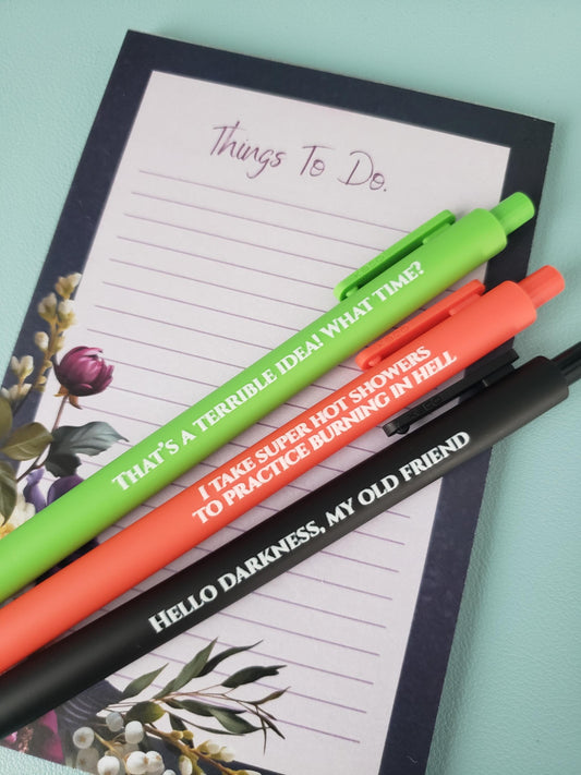 Snarky Pen Set | Funny Gel Pens for Adults | “Terrible Idea”, “Hello Darkness” | Sarcastic Office Supplies, Gift for Coworker