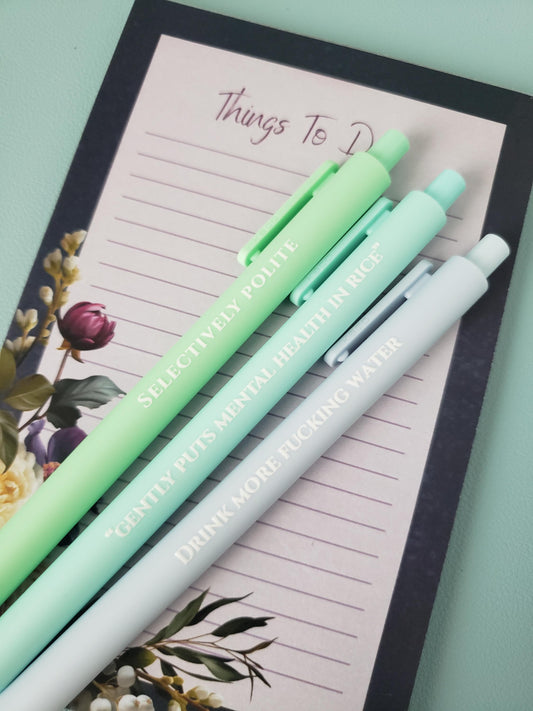Funny Sweary Pen Set - Self Care Humor Stationery - Gift For Besties - Office Gift Drink More F. Water