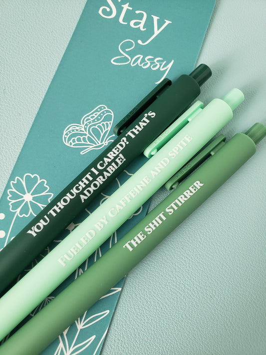 Sassy Pen Set | Funny & Snarky Pens for Adults | "Fueled by Caffeine and Spite", "You Thought I Cared?", "The Shit Stirrer"