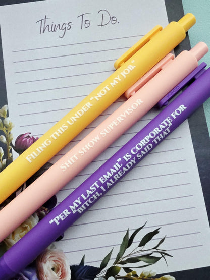 Snarky Office Pen Set | Funny Work Pens | Corporate Humor Gifts | "Not My Job", "Per My Last Email", "Shit Show Supervisor"